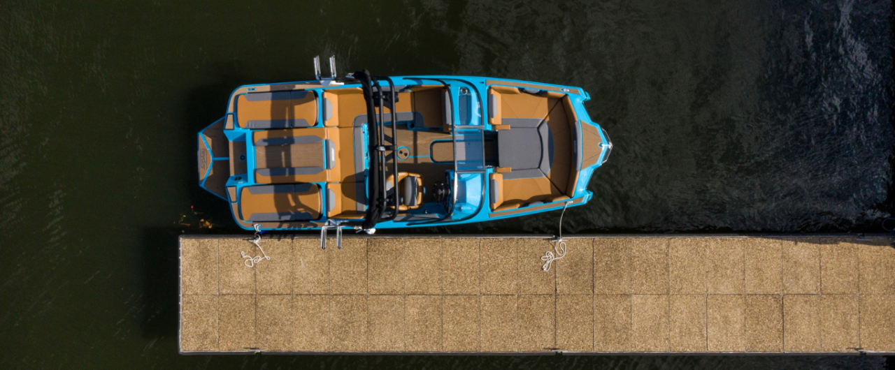 Aerial View of Heyday Wake Boat Docked at Pier